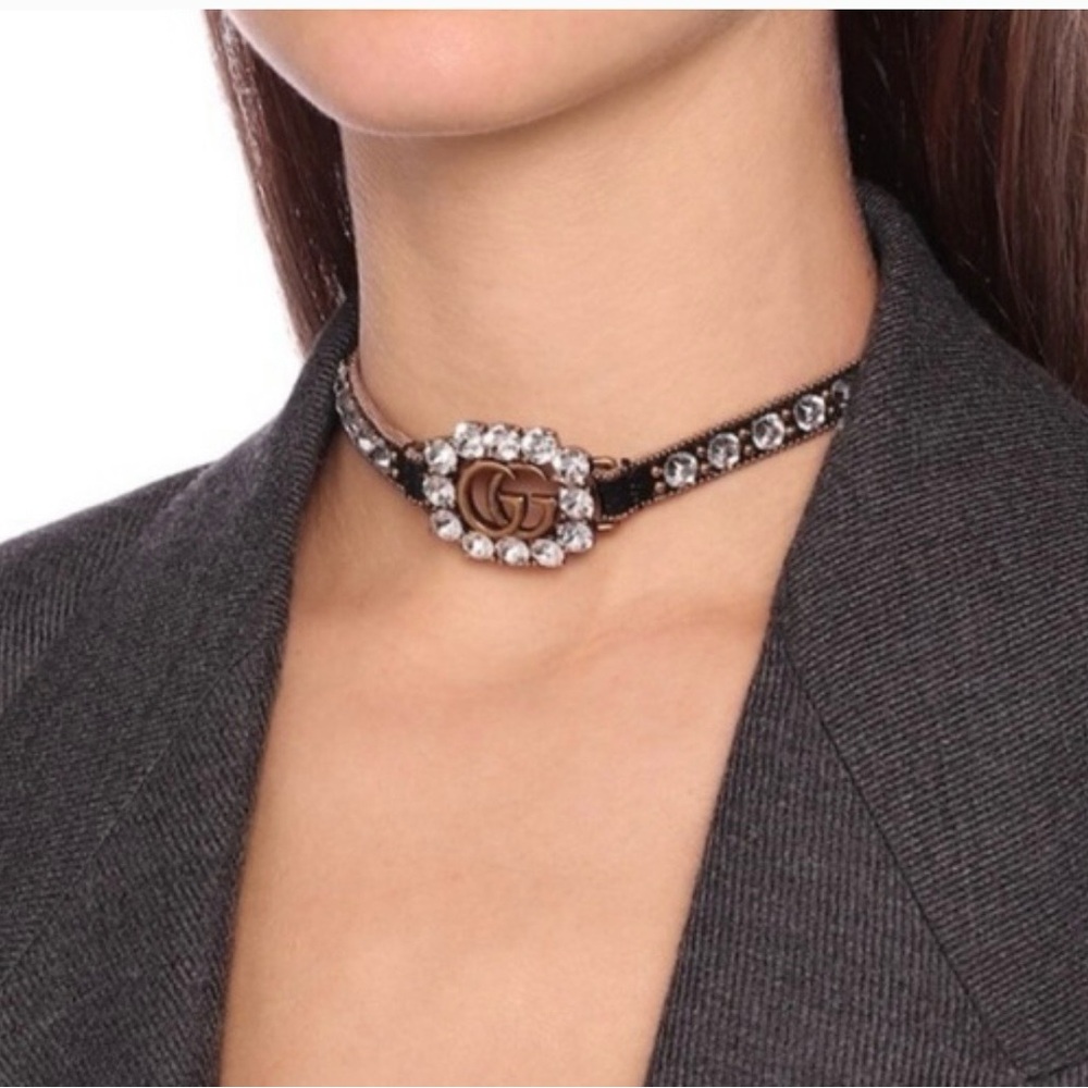 Gucci Calfskin Crystal Embellished Double G Choker Necklace Black - Picture 4 of 13